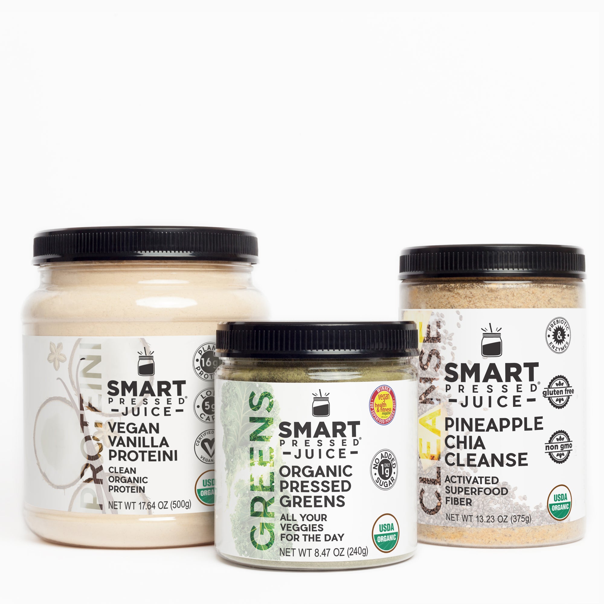 1 jar of 500 grams Vegan Vanilla Proteini and 1 jar of 240 grams Organic Pressed Greens and 1 jar of 375 grams Pineapple Chia Cleanse side by side against a white background.