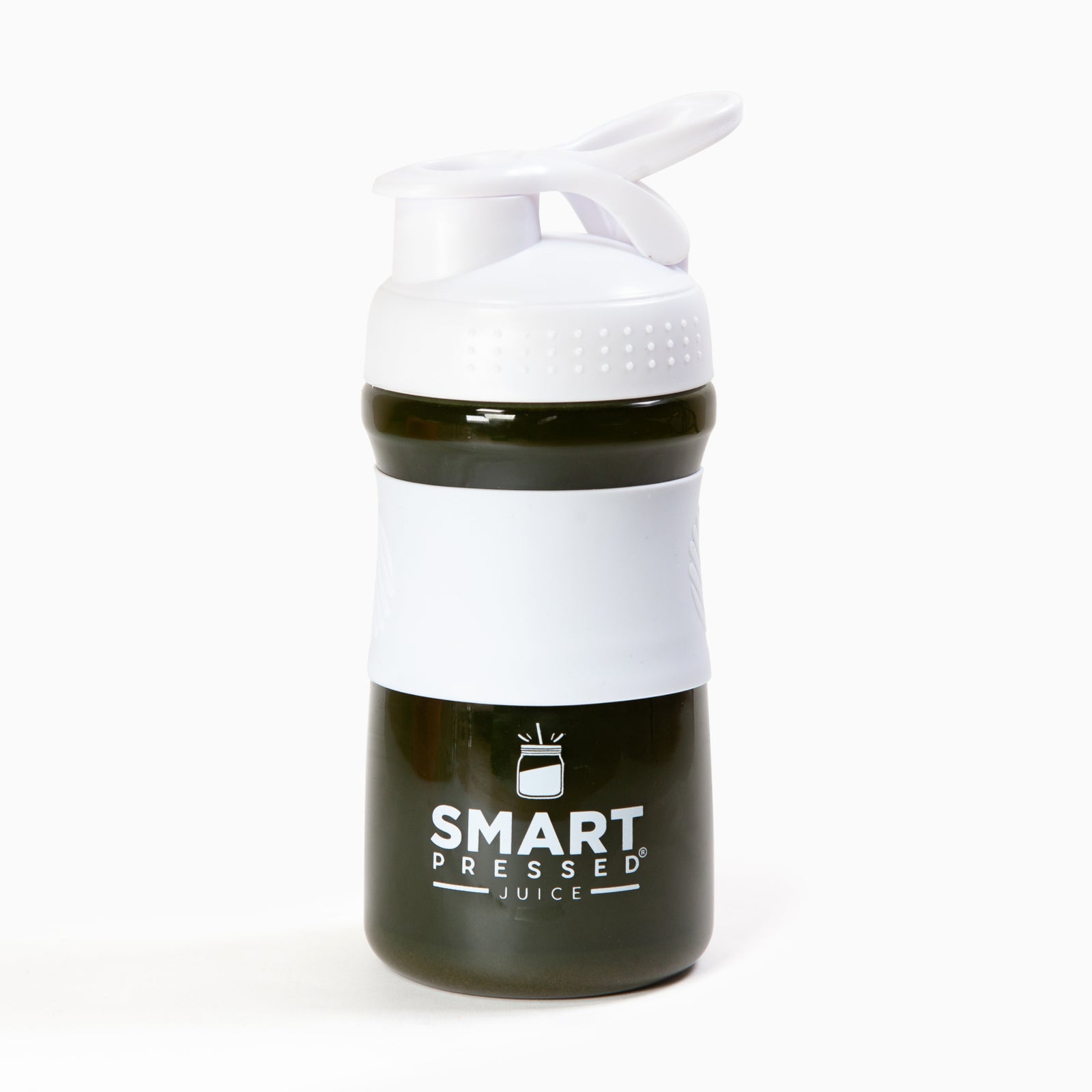 1  Smart Pressed Juice white water jug filled with green smoothie inside against a white background.