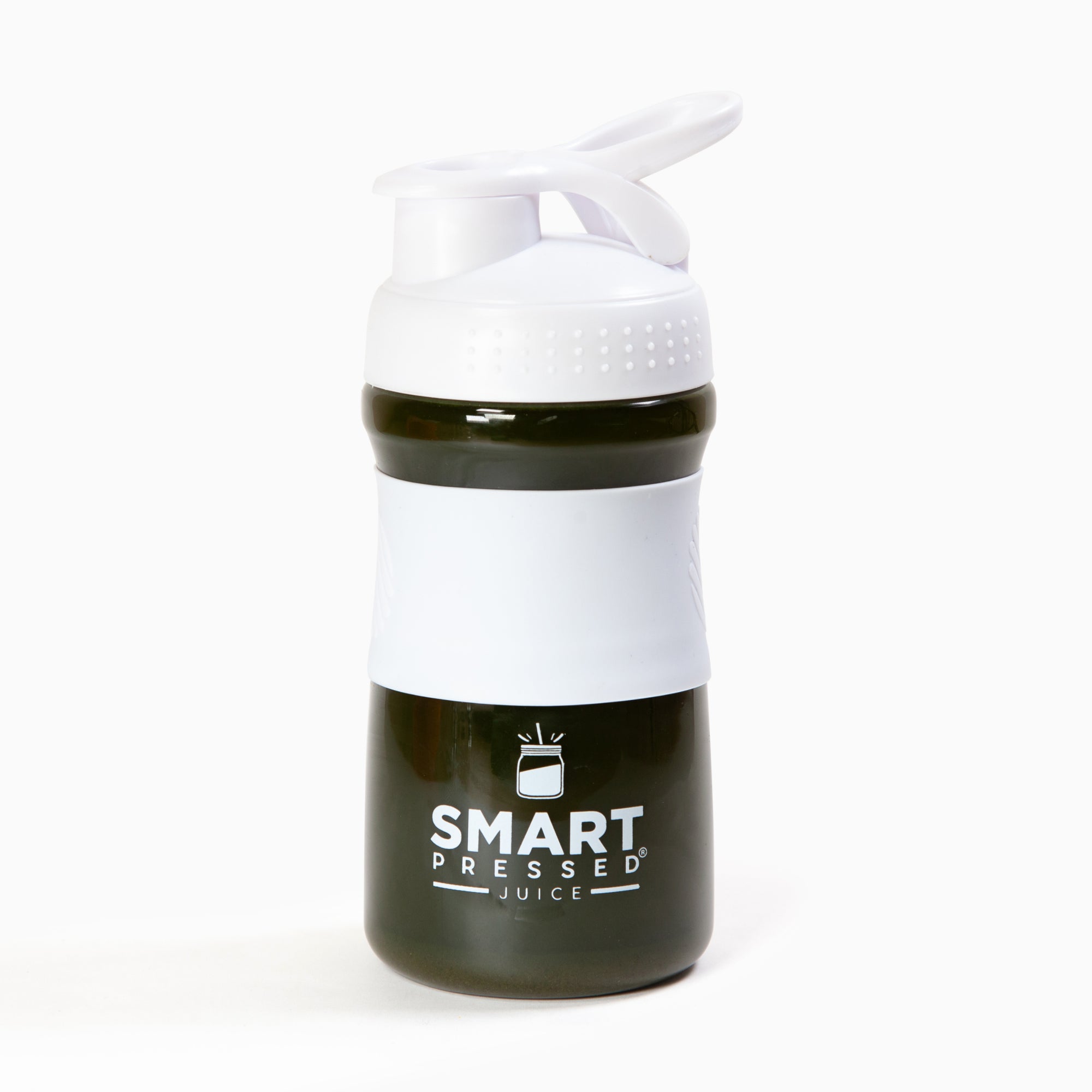 1  Smart Pressed Juice white water jug filled with green smoothie inside against a white background.